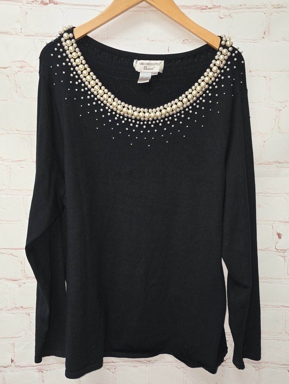 Adrianna Papell Woman Black Pearl-Embellished Silk Long Sleeve Top Size 18W